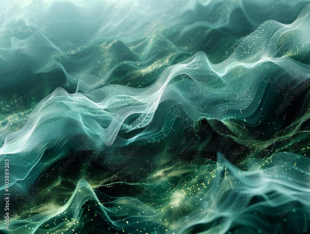 Obraz premium Abstract digital landscape with flowing lines and shimmering particles.