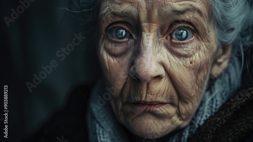 A close-up shot of an elderly woman with striking blue eyes