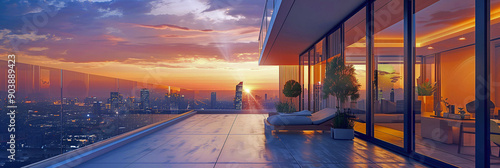 Luxury at its height: a penthouse with a terrace, a lounge balcony, a huge balcony in the penthouse with a gorgeous view of the city and the colourful sky in the rays of the setting sun. 
