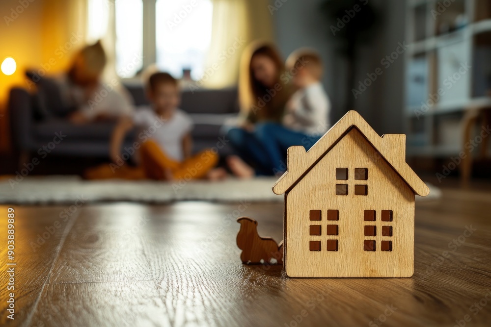 Little wooden house on floor of cozy room with happy family playing in background , ai Little wooden house on floor of cozy room with happy family playing in background , ai