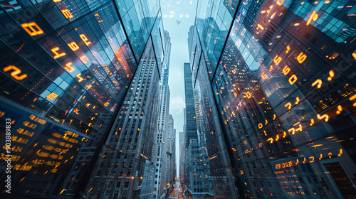 Dynamic Financial District Skyline with Skyscrapers and Stock Market Data
