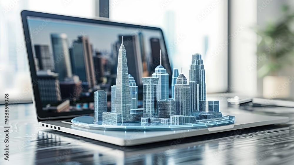 Wireframe Model of a City on a Laptop Computer Wireframe Model of a City on a Laptop Computer