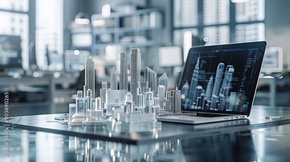 A Laptop with a Miniature City Model on a Glass Table A Laptop with a Miniature City Model on a Glass Table