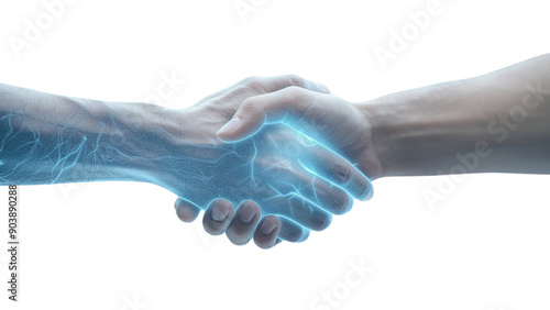 A hand is shaking another hand in a blue light. Concept of trust and connection between the two people