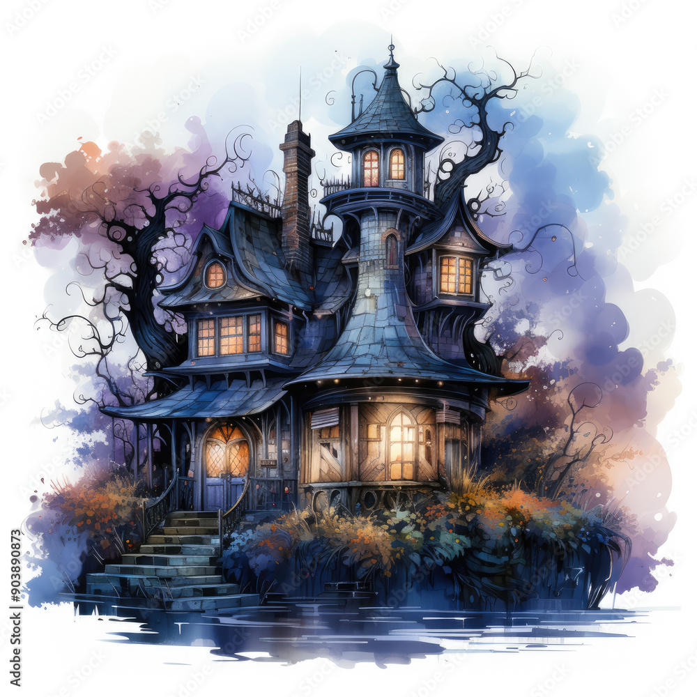 Watercolor Haunted house, clipart Illustration, Generative Ai Watercolor Haunted house, clipart Illustration, Generative Ai
