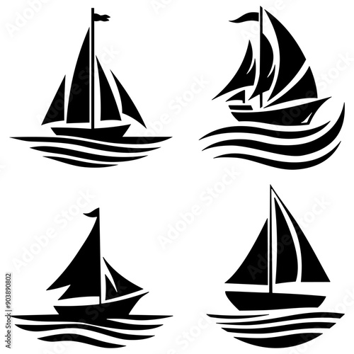 The logo set is a simple silhouette of a sailboat floating in the sea.