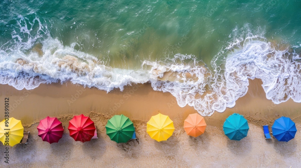 High angle shot of colorful beach umbrellas with sandy beach and crashing waves in the background. High angle shot of colorful beach umbrellas with sandy beach and crashing waves in the background.