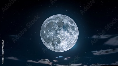 A serene moonlit night sky with a full moon and scattered clouds perfect for International Moon Day taken with Fujifilm X-T4 with a Fuji Provia more clarity with clear light and sharp focus high © naphat