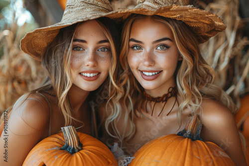 Two young adult women dressed up for Halloween party  holding pumpkins looking at camera. Two girls in the field with autumn pumpkin harvest