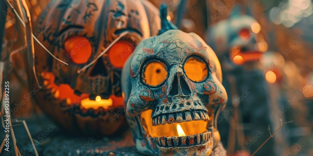 A group of carved pumpkins arranged together A group of carved pumpkins arranged together