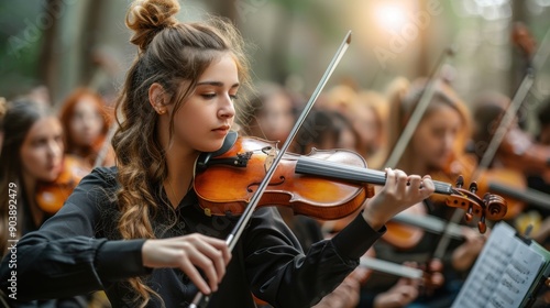 Female project leader as a conductor, orchestrating team members represented by musical instruments of light. 