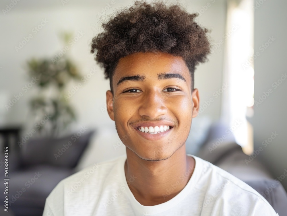 Fototapeta premium A happy young man with curly hair smiling directly at the camera