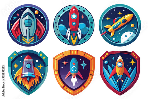 Set Badge Rocket Vector White Background