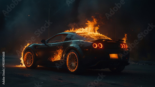 A burning car, a dark background.