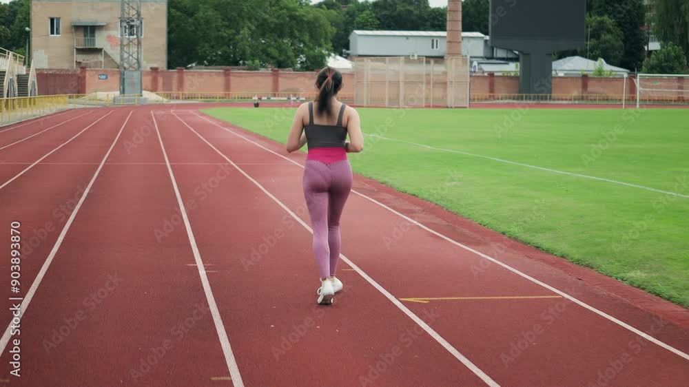 Attractive sporty woman running on the stadium track, female jogging outdoors in the morning, back view. Healthy lifestyle concept Attractive sporty woman running on the stadium track, female jogging outdoors in the morning, back view. Healthy lifestyle concept