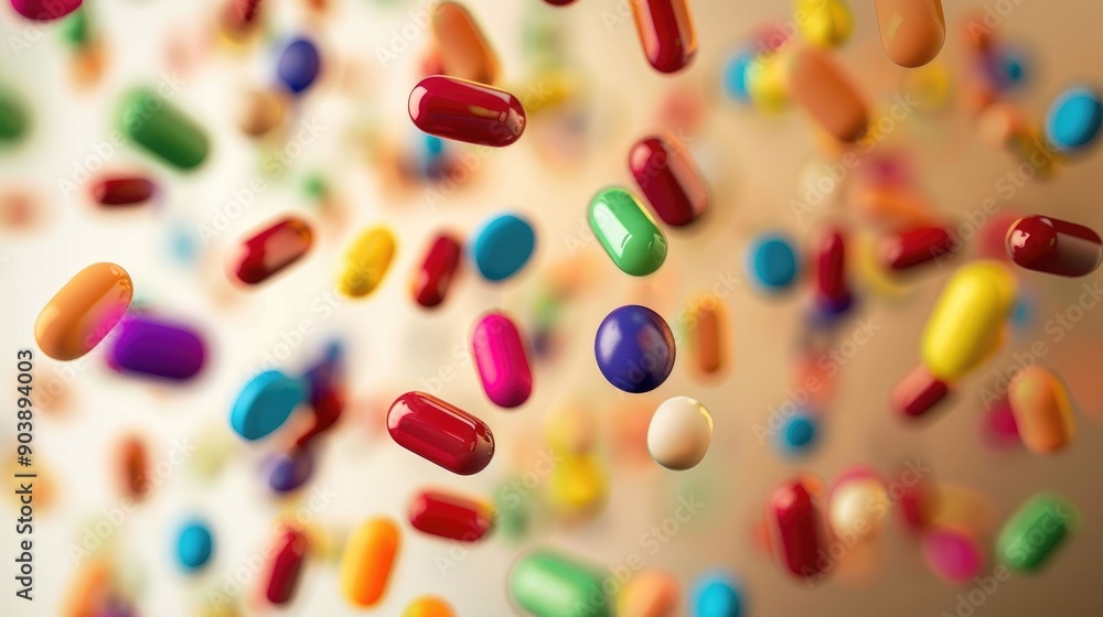 A Close-Up View of Multicolored Pills Floating in the Air A Close-Up View of Multicolored Pills Floating in the Air