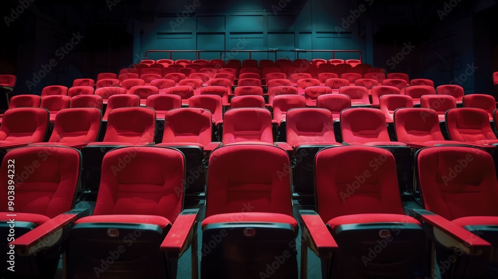 Obraz premium Rows of empty red seats in a dimly lit theater auditorium, awaiting audience for a performance or movie screening.