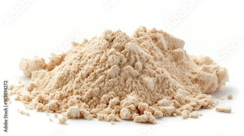 Heap of garlic powder on a white background, close up, side view