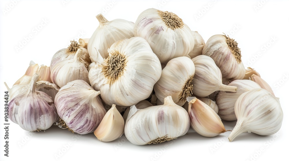 Heap of garlic on a white background, close up, side view Heap of garlic on a white background, close up, side view