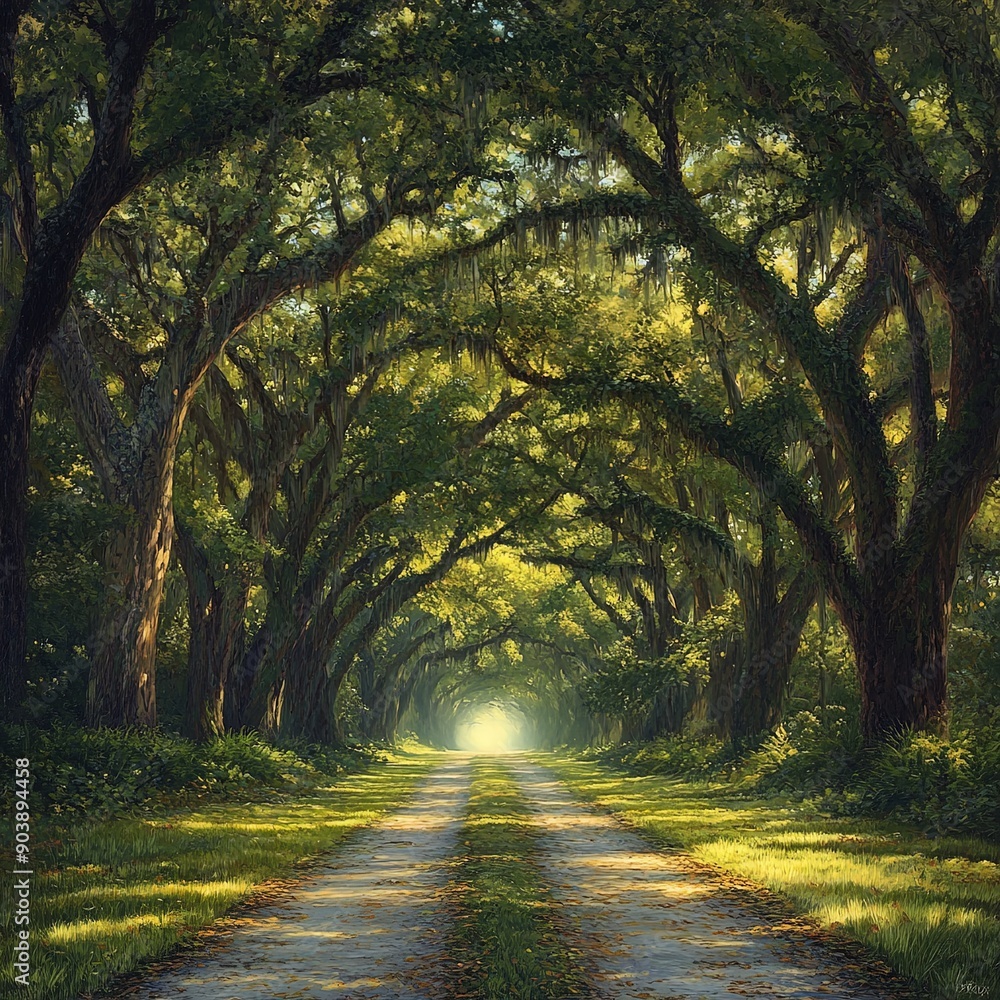 Naklejka premium Serene Country Road Lined with Majestic Ancient Oaks