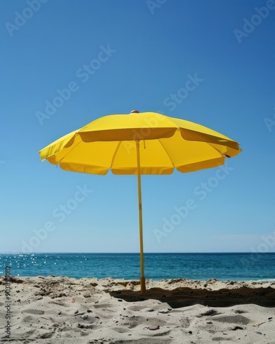 Beach Umbrella Yellow. Parasol Providing Shade on Sunny Beach Background