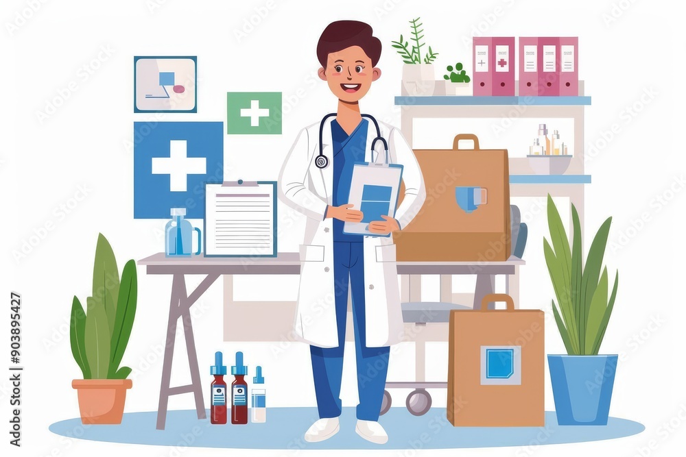Pharmacist in a pharmacy with medical supplies plants and organized shelves light blue background representing pharmaceutical care and organized healthcare services. Pharmacist in a pharmacy with medical supplies plants and organized shelves light blue background representing pharmaceutical care and organized healthcare services.