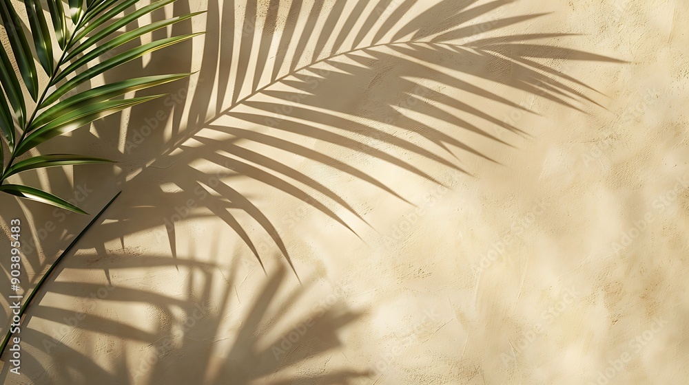 A palm leaf shadow on a beige wall background. A summer concept. A palm leaf shadow on a beige wall background. A summer concept.