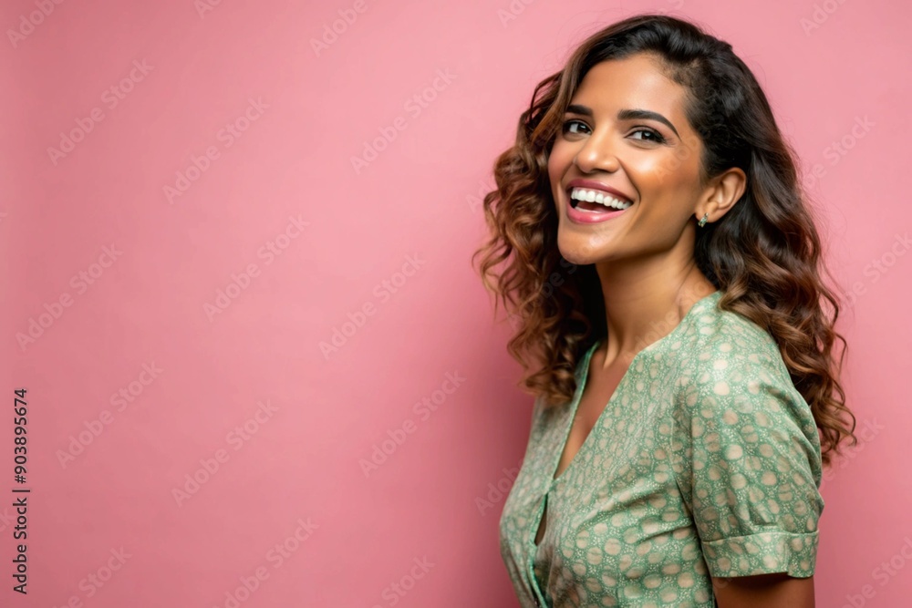 Side view of an attractive hispanic woman feeling happy in front of a bright pink background,generative ai
Side view of an attractive hispanic woman feeling happy in front of a bright pink background,generative ai