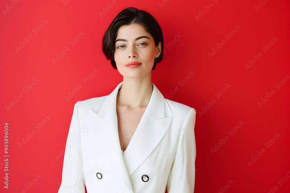 Elegant Woman in White Coat Posing Confidently Against Red Backdrop