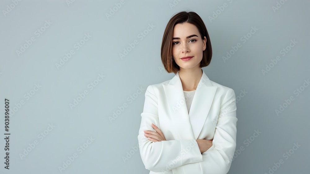 Confident Professional Woman in White Suit Standing in Studio Confident Professional Woman in White Suit Standing in Studio