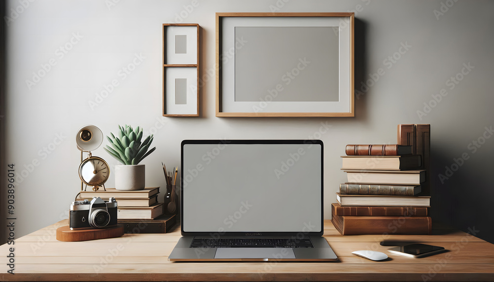 a laptop with a blank screen as its centerpiece. A wooden desk holds a collection of books a laptop with a blank screen as its centerpiece. A wooden desk holds a collection of books