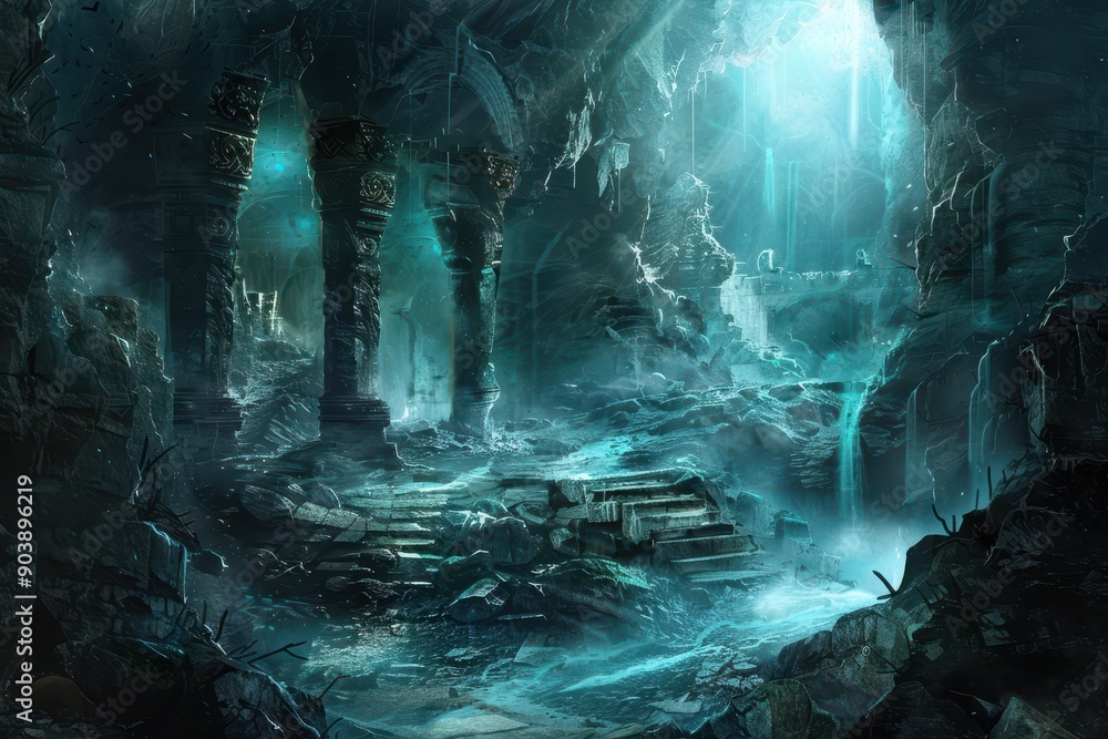 Ancient temple ruins with glowing blue water and stone pillars Ancient temple ruins with glowing blue water and stone pillars