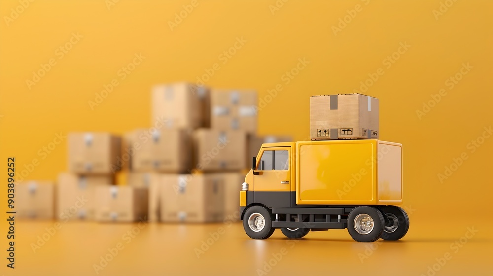 Delivery Truck with Stacked Cardboard Boxes on Yellow Background Delivery Truck with Stacked Cardboard Boxes on Yellow Background
