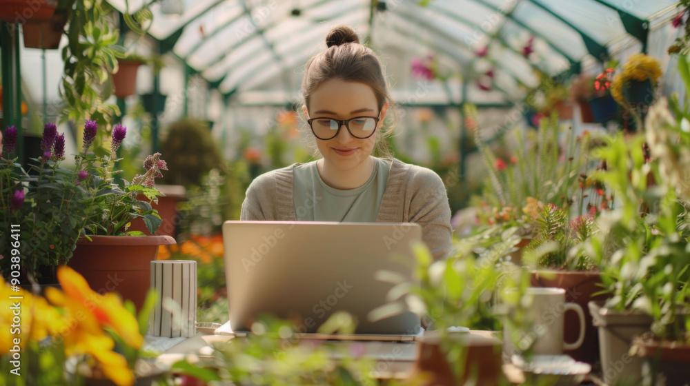 A woman is sitting at a table in a greenhouse, using a laptop A woman is sitting at a table in a greenhouse, using a laptop
