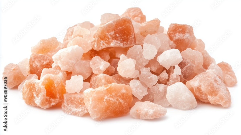 Heap of Himalayan salt on white background, close-up, side view Heap of Himalayan salt on white background, close-up, side view