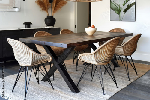 Modern Dining Room with Wicker Chairs and Wooden Table
