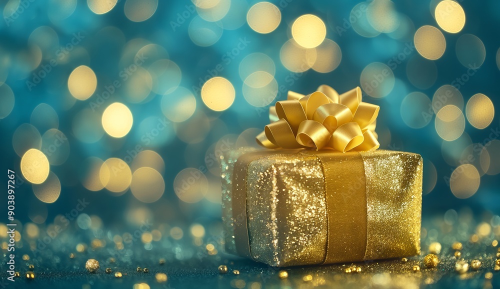 golden gift box with bow on bokeh background golden gift box with bow on bokeh background