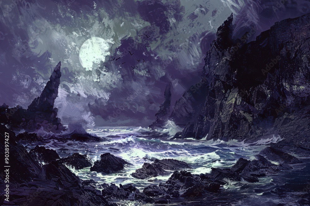 Fototapeta premium Dark and stormy night at sea with large waves crashing against sharp rocks