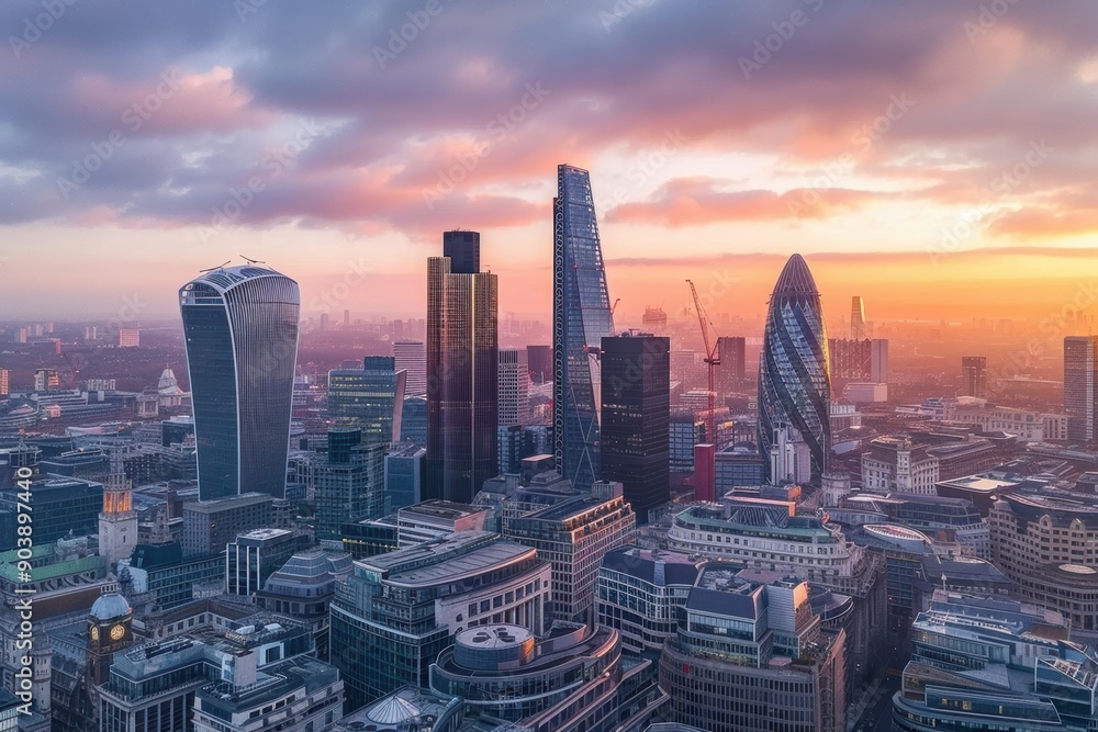 Fototapeta premium Aerial drone views of London's iconic skyline, blending historic and modern architecture...