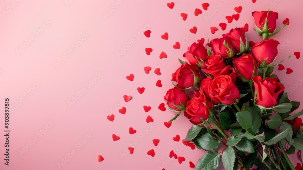An exquisite and beautiful arrangement of vibrant red roses along with heartshaped confetti on a lovely pink backdrop An exquisite and beautiful arrangement of vibrant red roses along with heartshaped confetti on a lovely pink backdrop