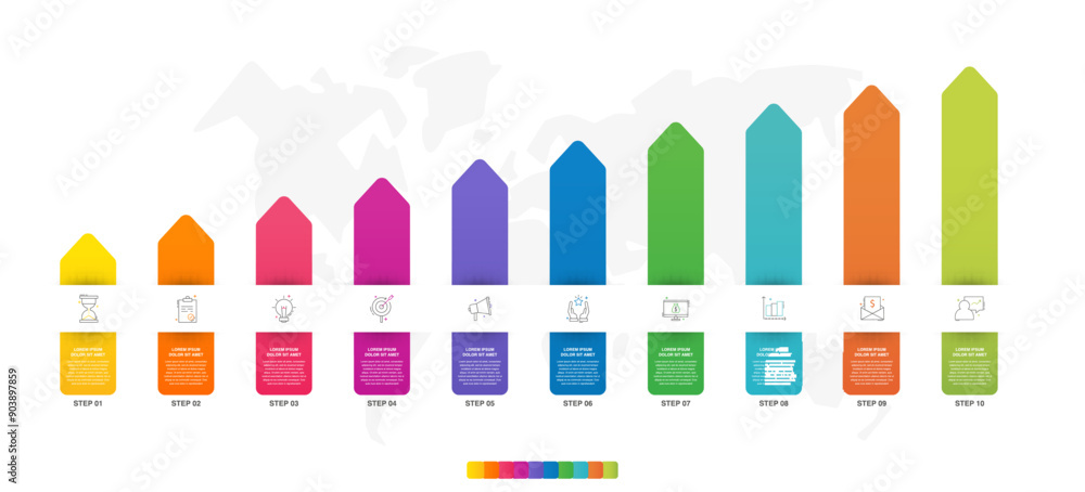 Obraz premium Vector infographic arrow design with ten steps. Infographics template for business concept with 10 icons. Used for presentations, info graph, workflow layout, banner, process diagram, flow charts