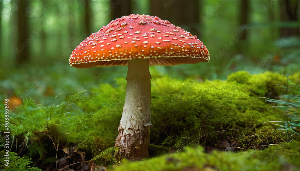 Fototapeta premium A vivid red mushroom with white spots emerges from a bed of green moss, illuminated by soft sunlight filtering through the trees