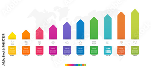 Vector infographic arrow design with ten steps. Infographics template for business concept with 10 icons. Used for presentations, info graph, workflow layout, banner, process diagram, flow charts