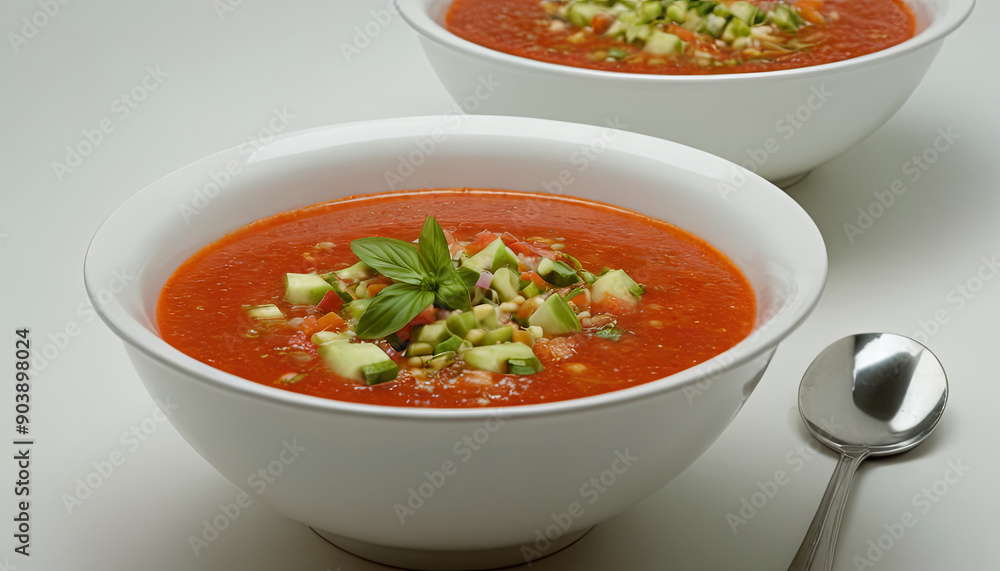 Chilled gazpacho soup garnished with diced cucumbers, peppers, and fresh herbs, showcasing a vibrant red color in white bowls Chilled gazpacho soup garnished with diced cucumbers, peppers, and fresh herbs, showcasing a vibrant red color in white bowls
