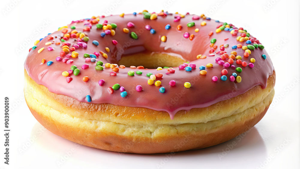 A delicious doughnut topped with vibrant pink icing and colorful sprinkles rests on a clean surface, showcasing its fluffy texture A delicious doughnut topped with vibrant pink icing and colorful sprinkles rests on a clean surface, showcasing its fluffy texture