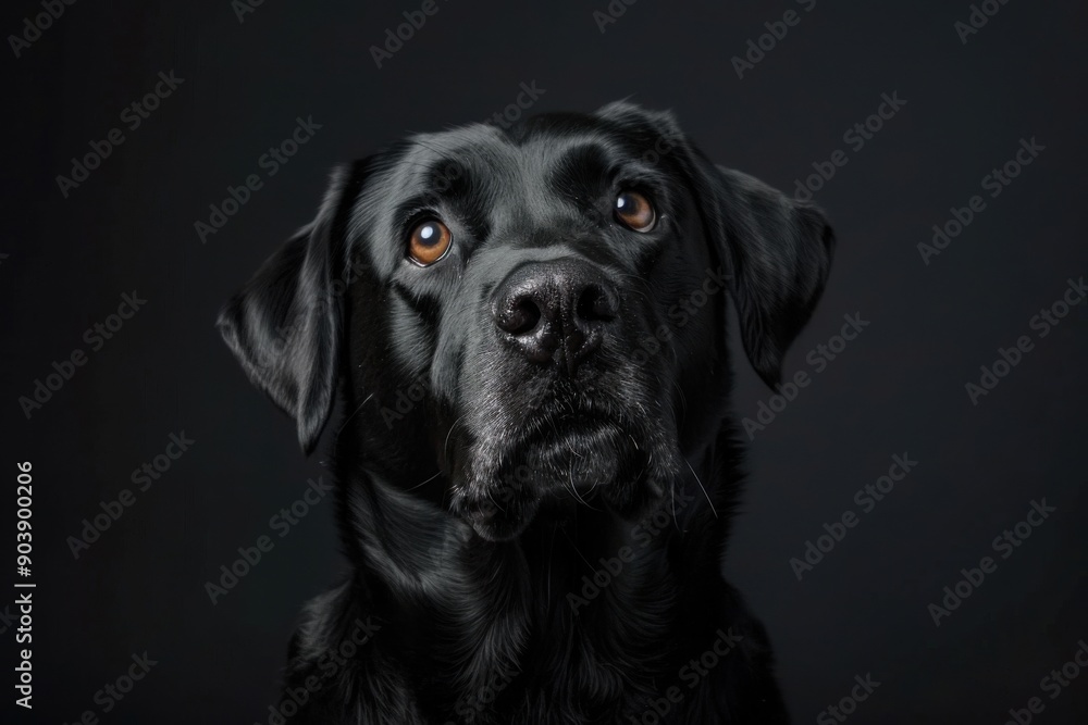 Black Dog Portrait. Cute and Funny Big Dog Sitting at Home in Black Background Black Dog Portrait. Cute and Funny Big Dog Sitting at Home in Black Background