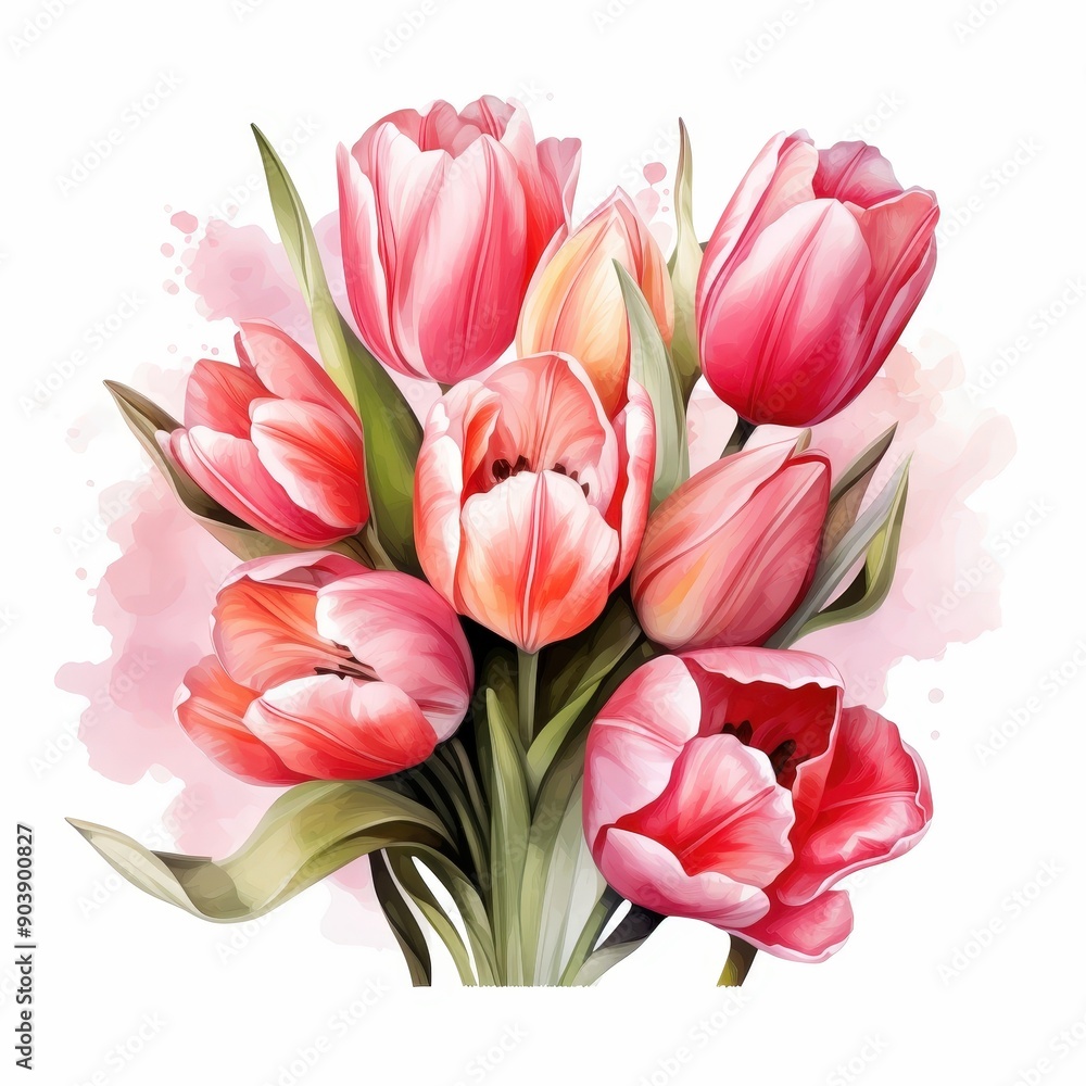 Watercolor Painting of a Bouquet of Pink Tulips Watercolor Painting of a Bouquet of Pink Tulips