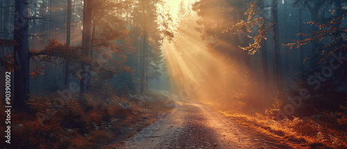 A dirt road in a forest with sunbeams shining through the trees on a foggy day, creating a peaceful and serene atmosphere, ideal for nature and travel-themed usage. © NE97