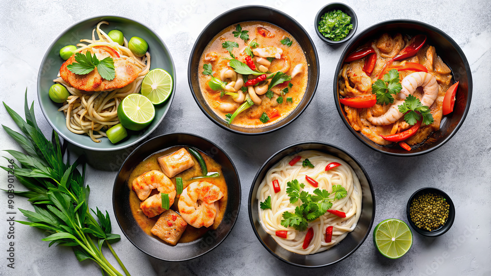 A vibrant spread of various Asian dishes in bowls, garnished with fresh herbs and accompanied by lime wedges, highlighting colorful ingredients A vibrant spread of various Asian dishes in bowls, garnished with fresh herbs and accompanied by lime wedges, highlighting colorful ingredients