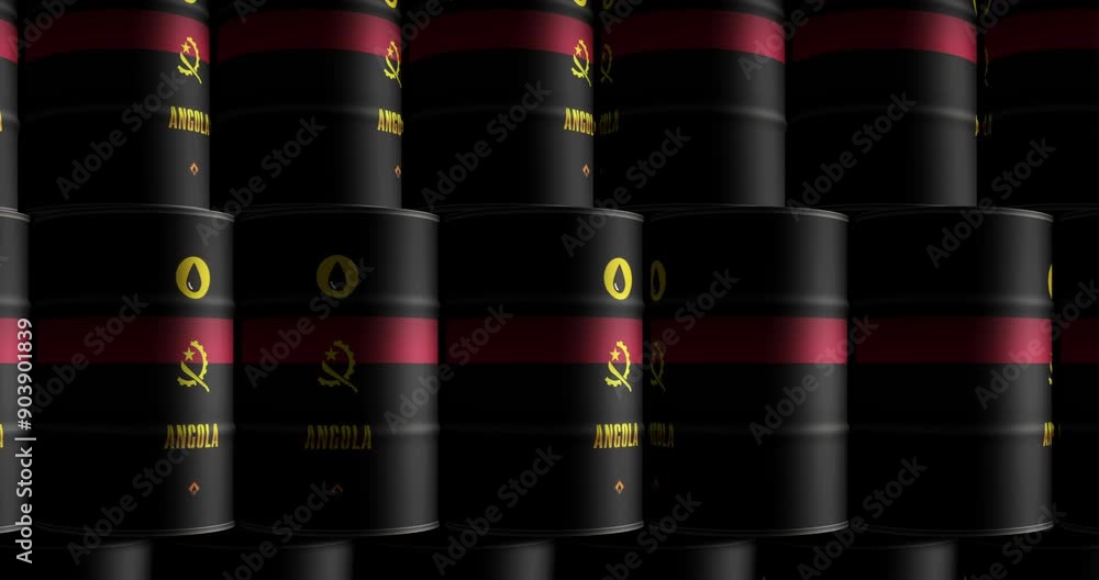 Angola oil business and fuel extraction barrels in row seamless and loopable concept. Angola petrol industrial containers. Angola oil business and fuel extraction barrels in row seamless and loopable concept. Angola petrol industrial containers.